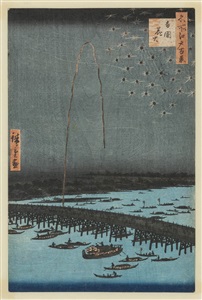 meisho edo hyakkei: ryogoku hanabi [fireworks at ryogoku from one hundred famous views of edo]|名所江戸百景 両国花火 by utagawa hiroshige